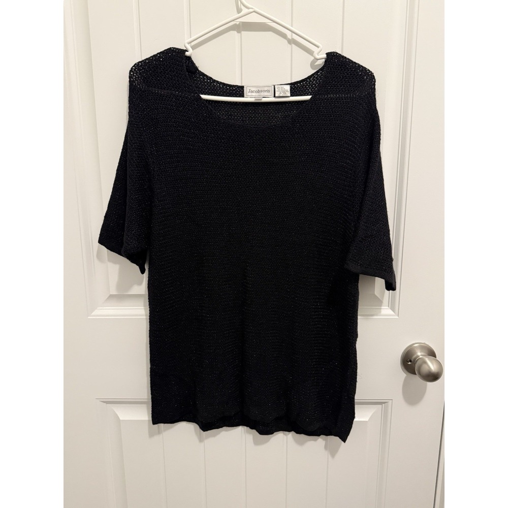 Jacobson's Women's Short Sleeve Sweater Black Sparkle See Through Knit Sz‎ Large
